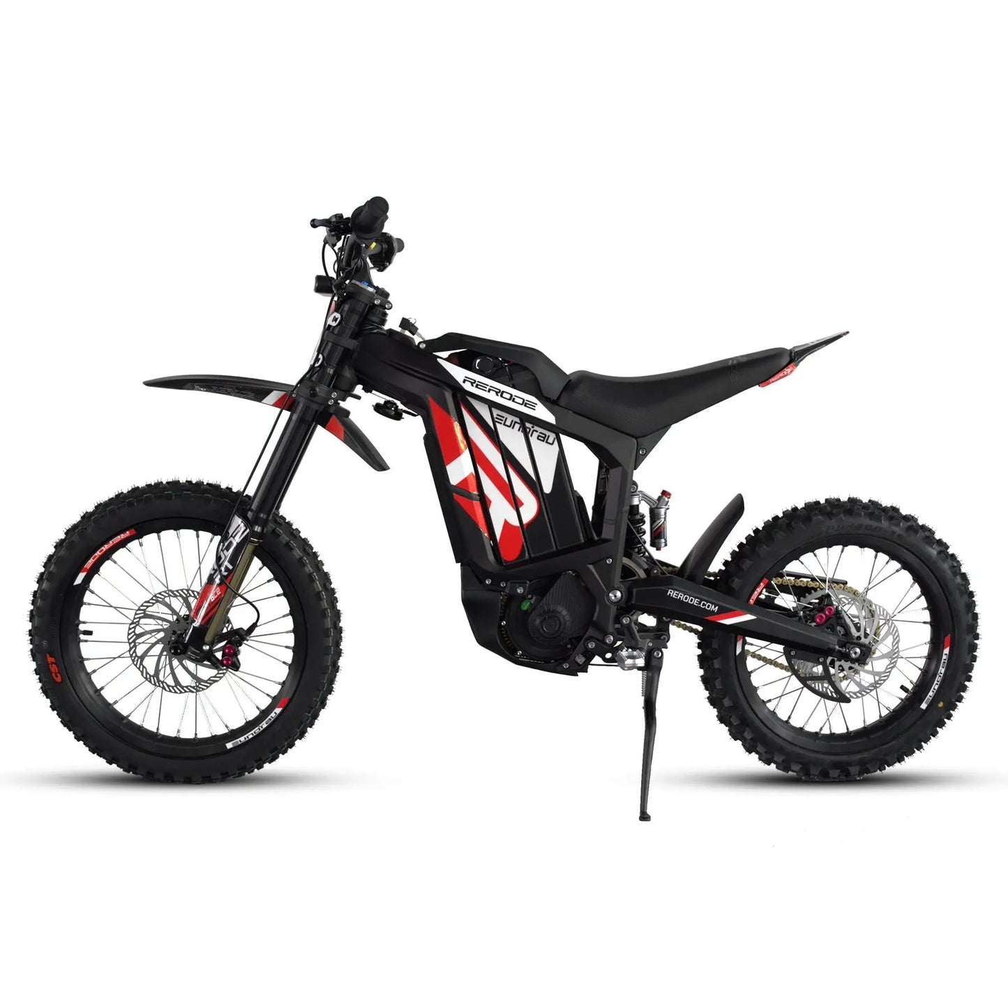 R1-17 electric dirt bike by EUNORAU US, black frame with red graphic, front suspension on Tampa Home & Garden Store