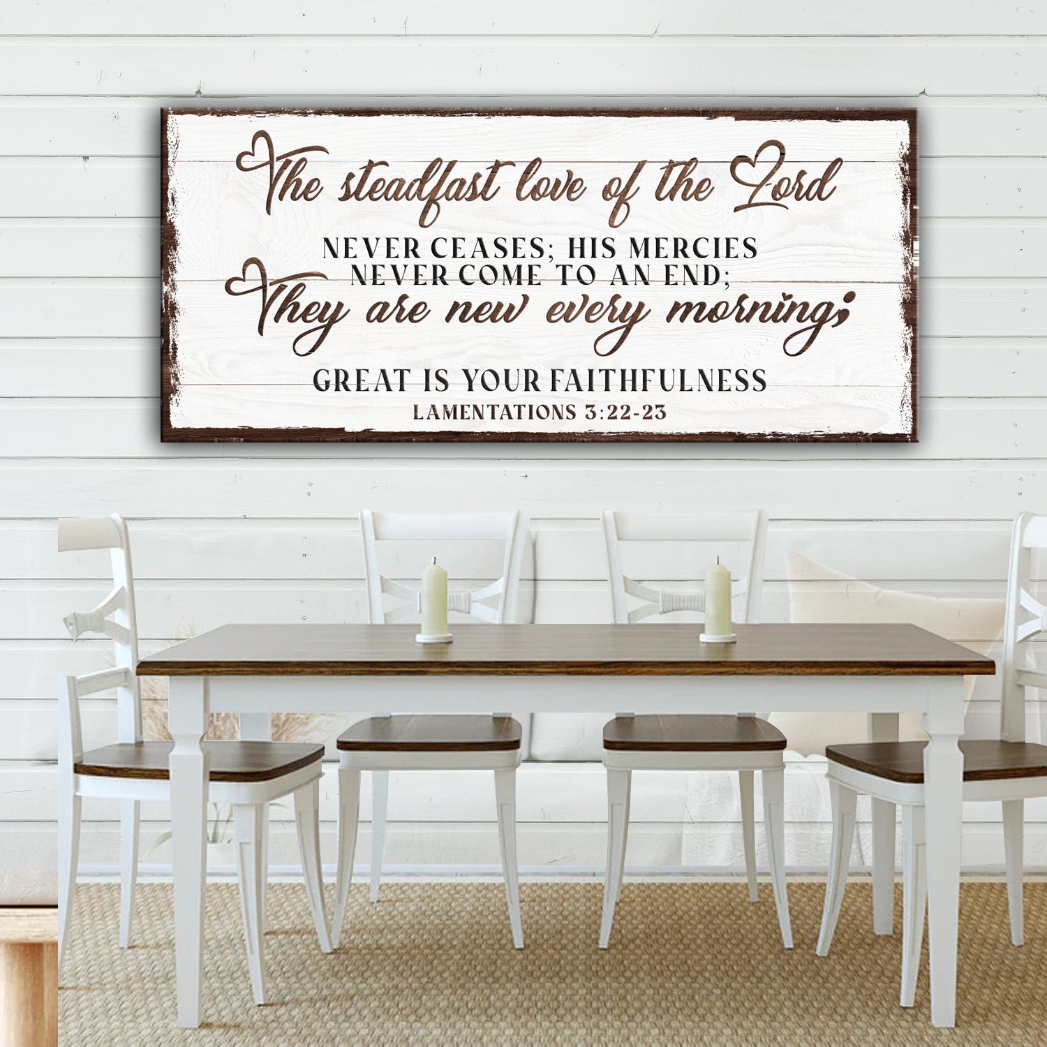 Tailored Canvases canvas sign Steadfast Love Of Lord Lamentations 3:22-23, white distressed wood on Tampa Home & Garden Store