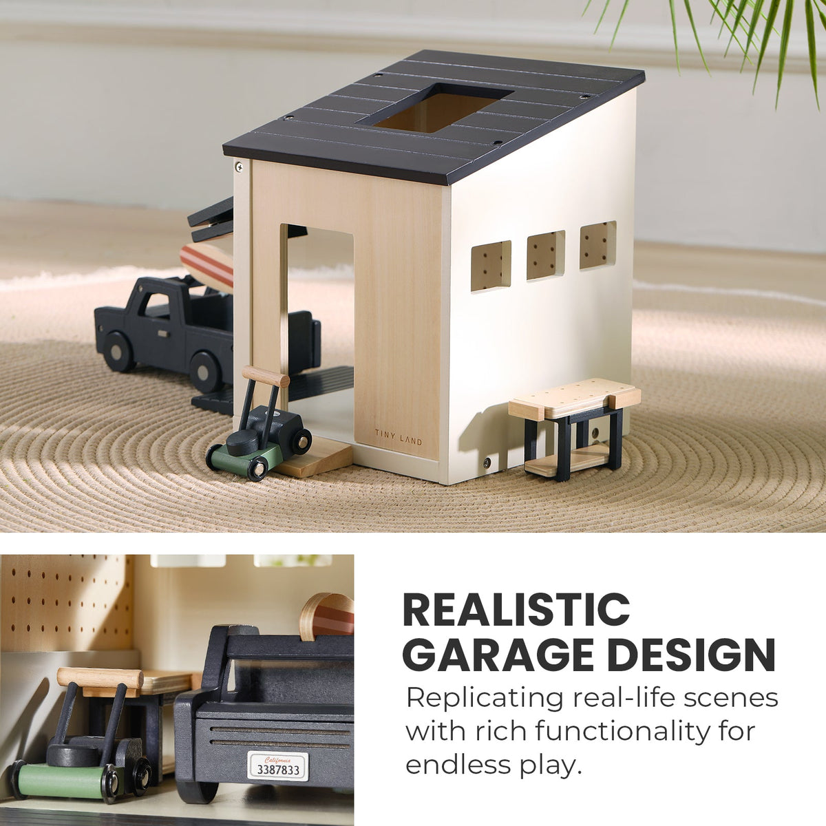 Tiny Land wooden dollhouse garage with dark gray roof and natural wood walls with a truck on Tampa Home & Garden Store