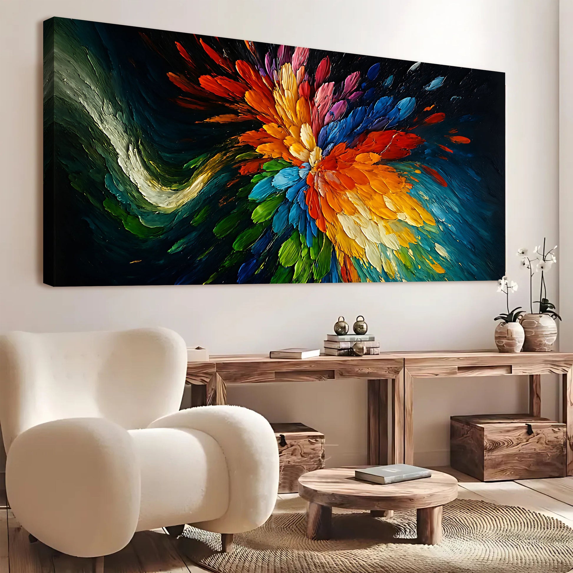 Cosmic Burst Wall Art Canvas by Tailored Canvases with bold rainbow petals on a dark backdrop on Tampa Home & Garden Store