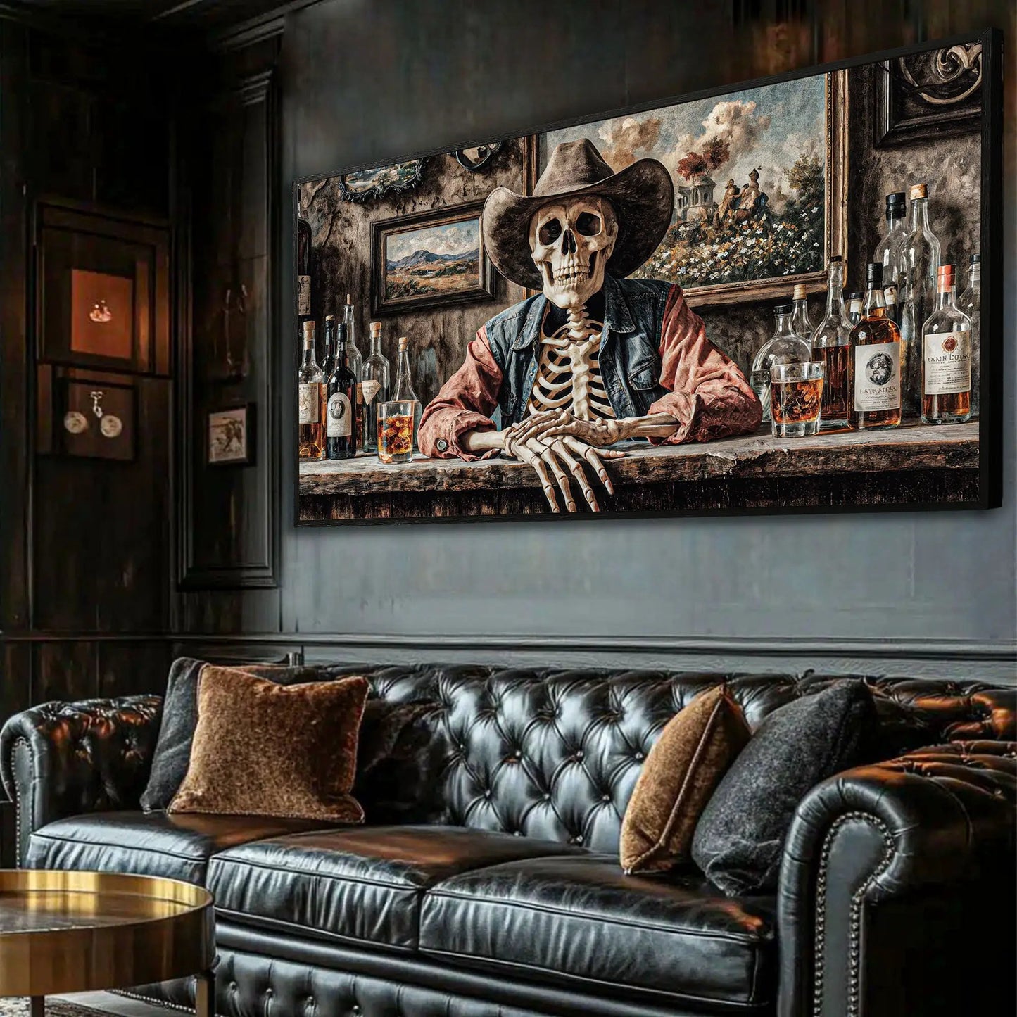 Canvas wall art Skeleton Cowboy Barman At Western Saloon by Tailored Canvases skeleton bartender on Tampa Home & Garden Store