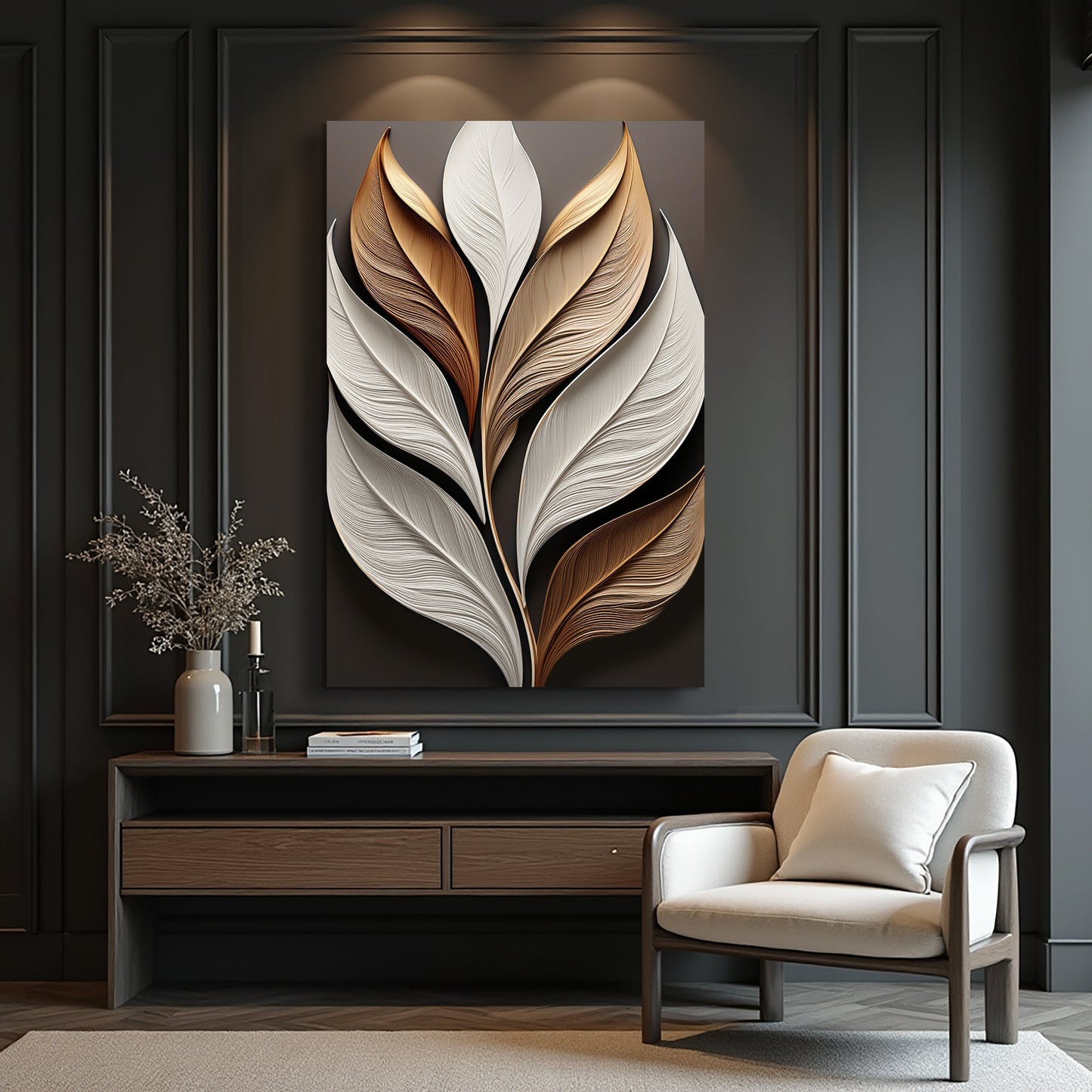 Elegant 3D leaf canvas wall art with ivory and bronze leaves on a dark backdrop on Tampa Home & Garden Store