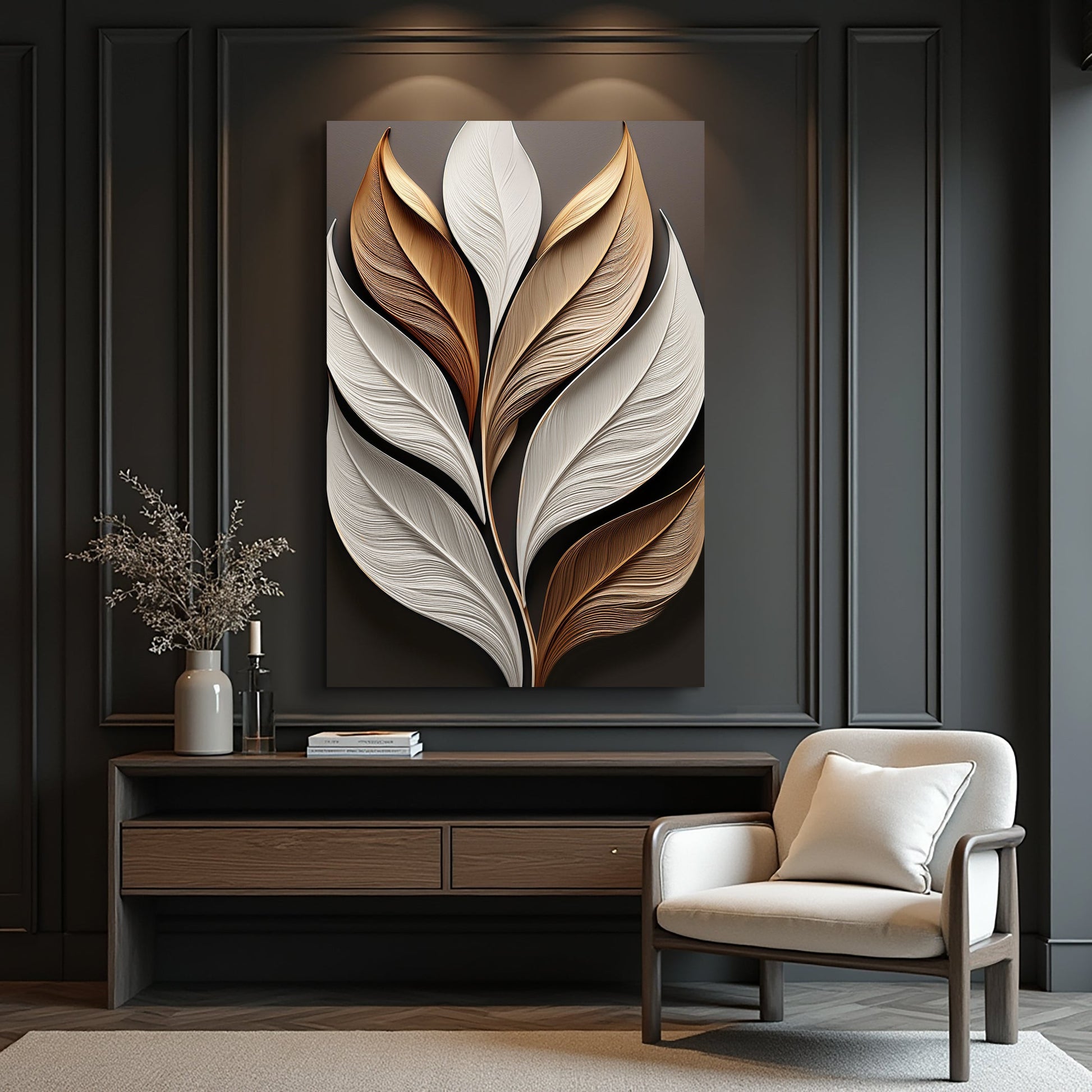 Elegant 3D leaf canvas wall art with ivory and bronze leaves on a dark backdrop on Tampa Home & Garden Store