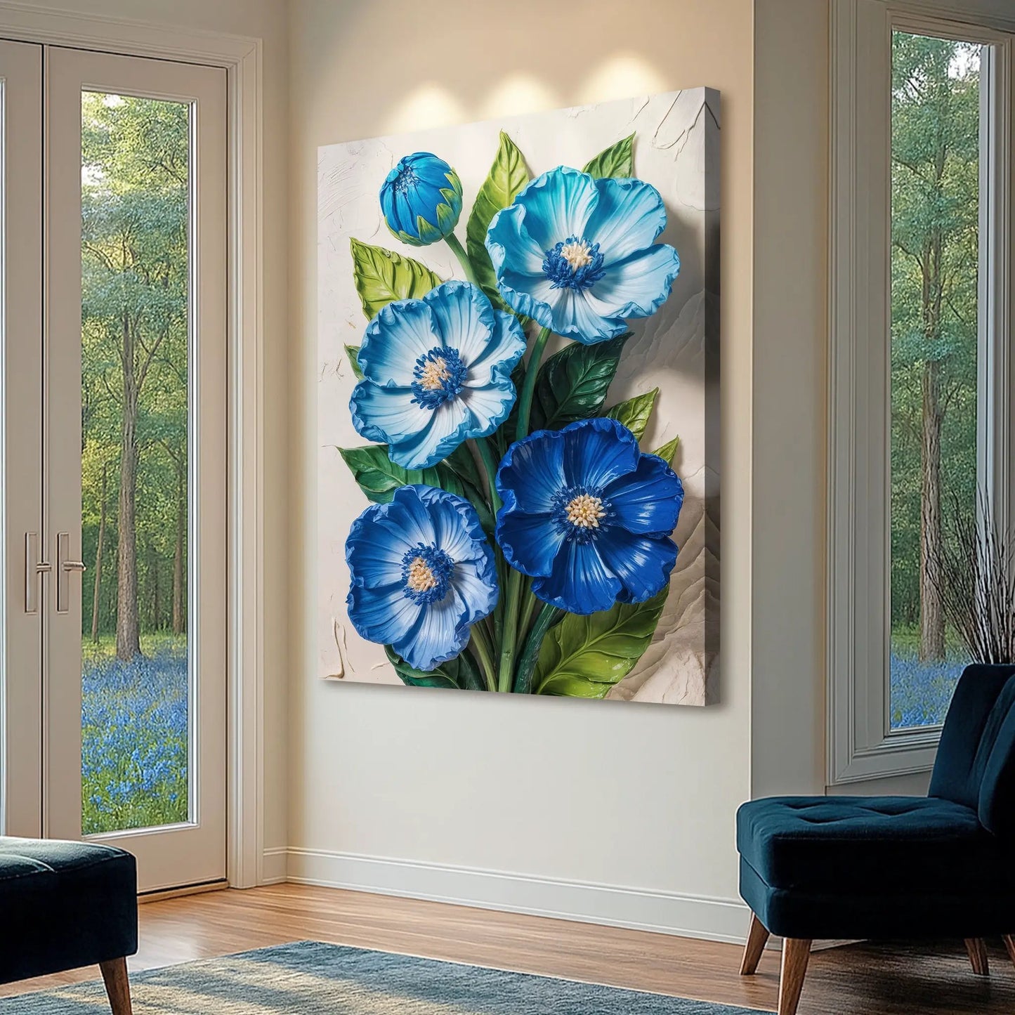 Blue blossom bouquet wall art canvas with vibrant blue flowers and green leaves on Tampa Home & Garden Store
