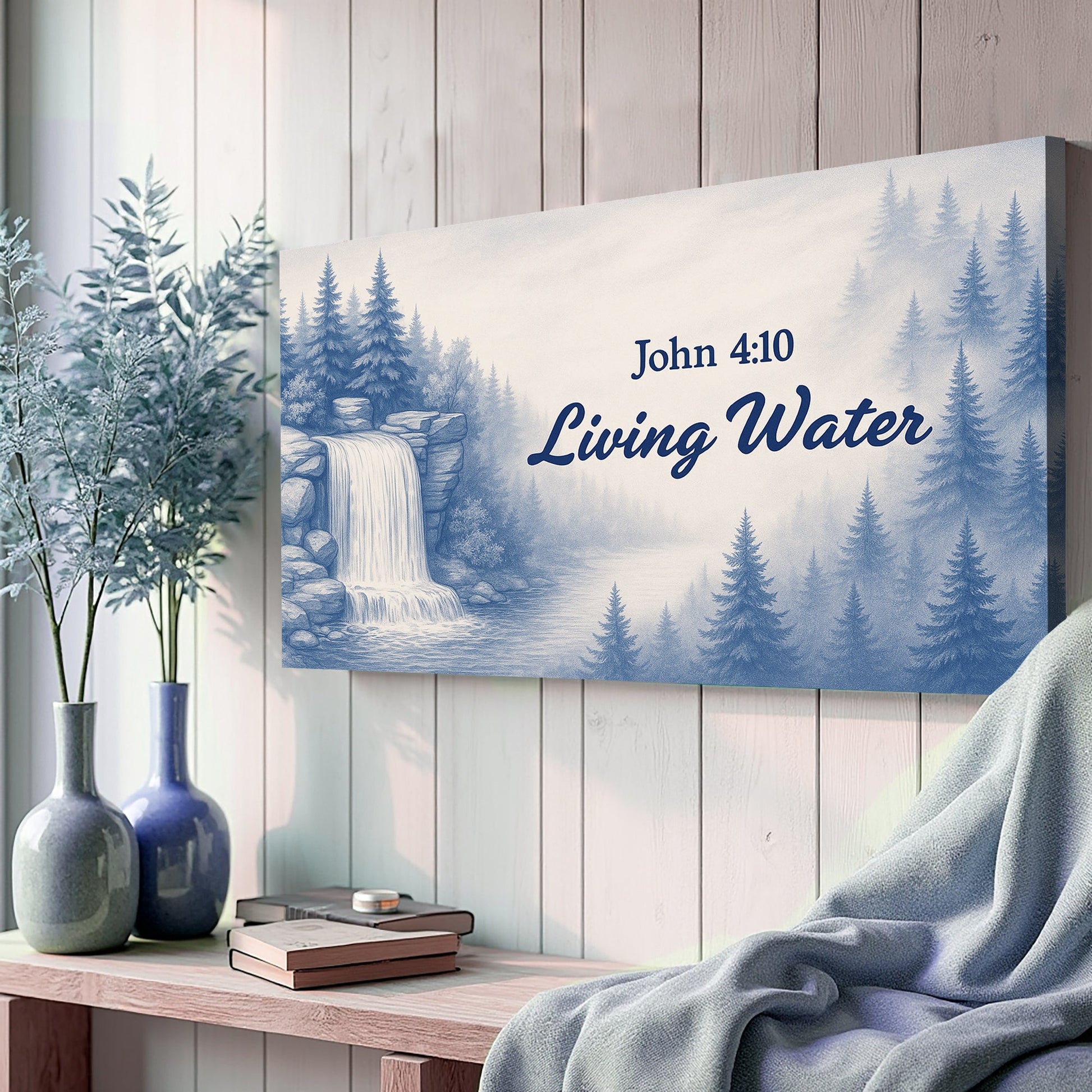 Canvas sign Living Water - John 4:10 Faith Sign with blue forest scene by Tailored Canvases on Tampa Home & Garden Store