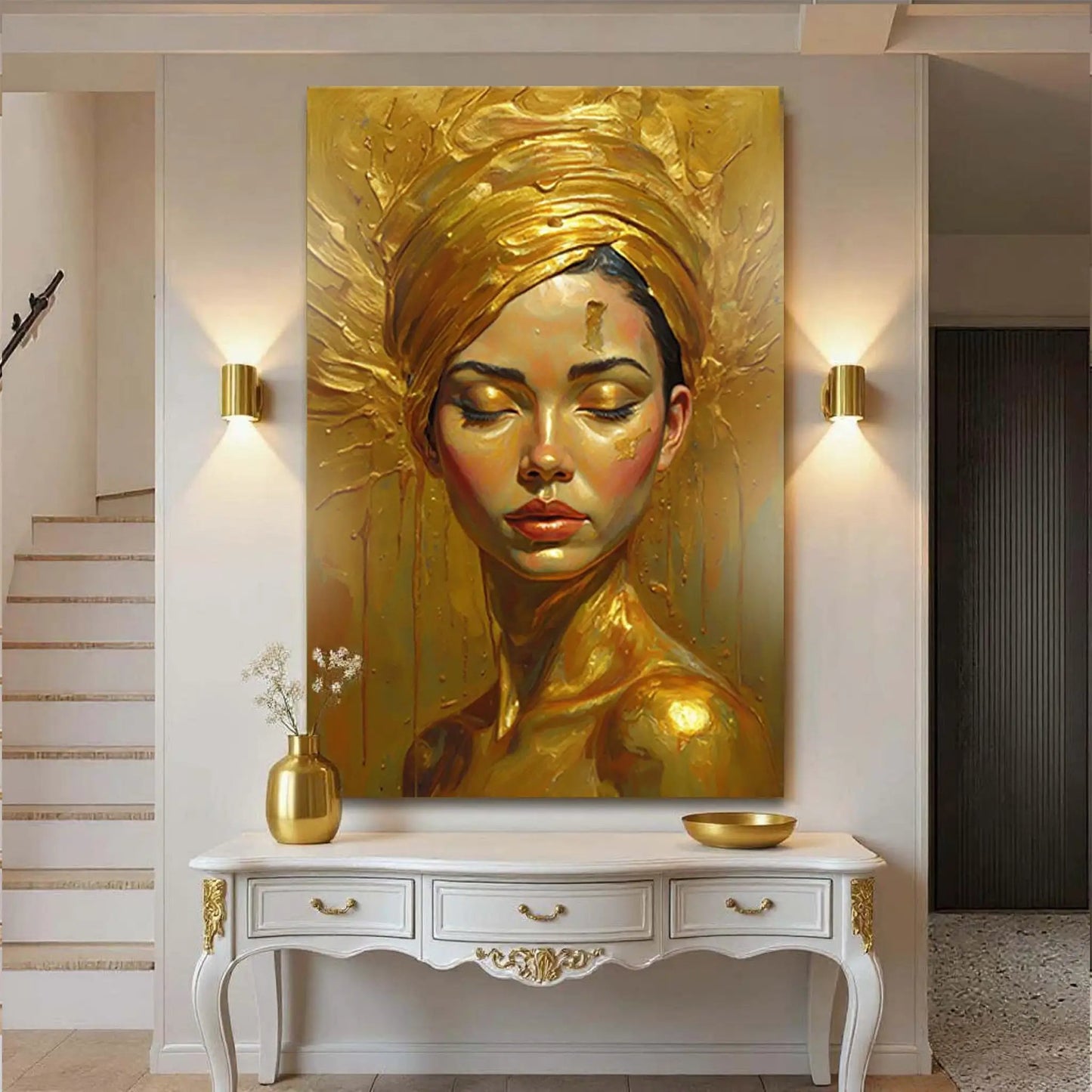 Woman's Golden Serenity canvas by Tailored Canvases, gold halo portrait in an entryway on Tampa Home & Garden Store