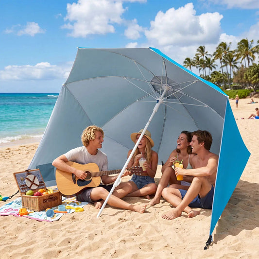Beach shelter umbrella with side panels, gray canopy and blue trim, 6.5 ft UPF50+ for beach sun on Tampa Home & Garden Store