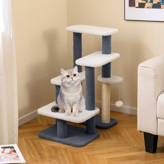 2-in-1 Cat Stairs Cat Tree Tower with Scratching Posts and Hanging Toy Ball-Gray - Tampa Home & Garden Store