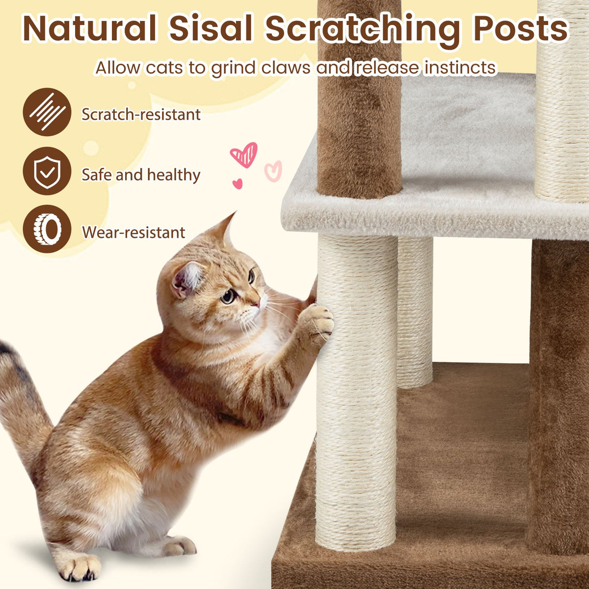 2-in-1 Cat Tree Tower with sisal posts and 4 large brown platforms cat climbing on Tampa Home & Garden Store