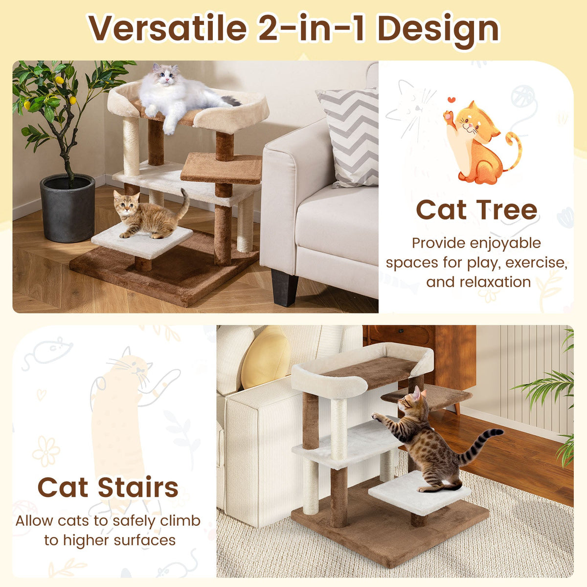 2-in-1 Cat Tree Tower with sisal scratching posts, 4 large platforms, brown by DirectDeals on Tampa Home & Garden Store