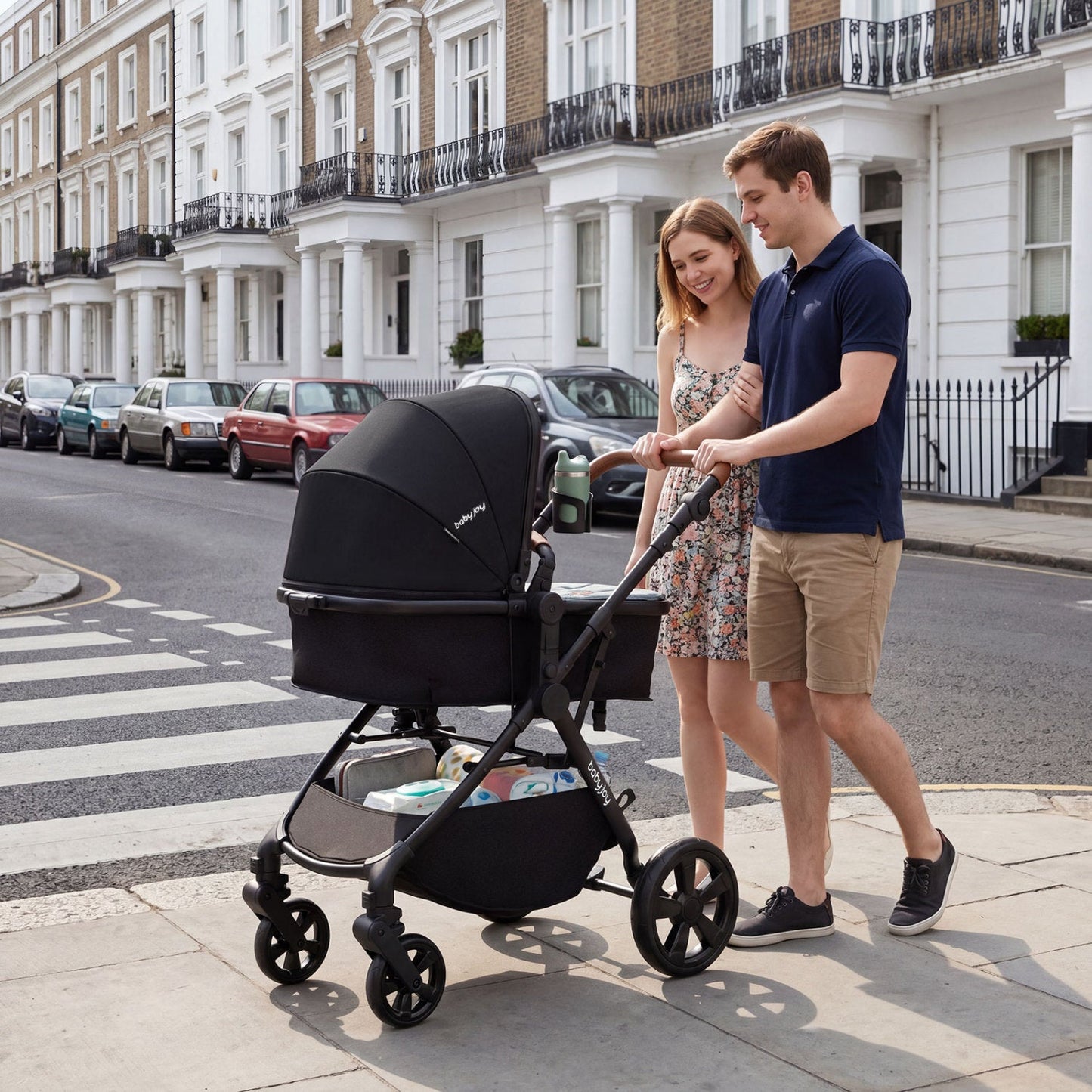 2-in-1 Convertible Baby Stroller DirectDeals, black bassinet stroller on street with couple on Tampa Home & Garden Store