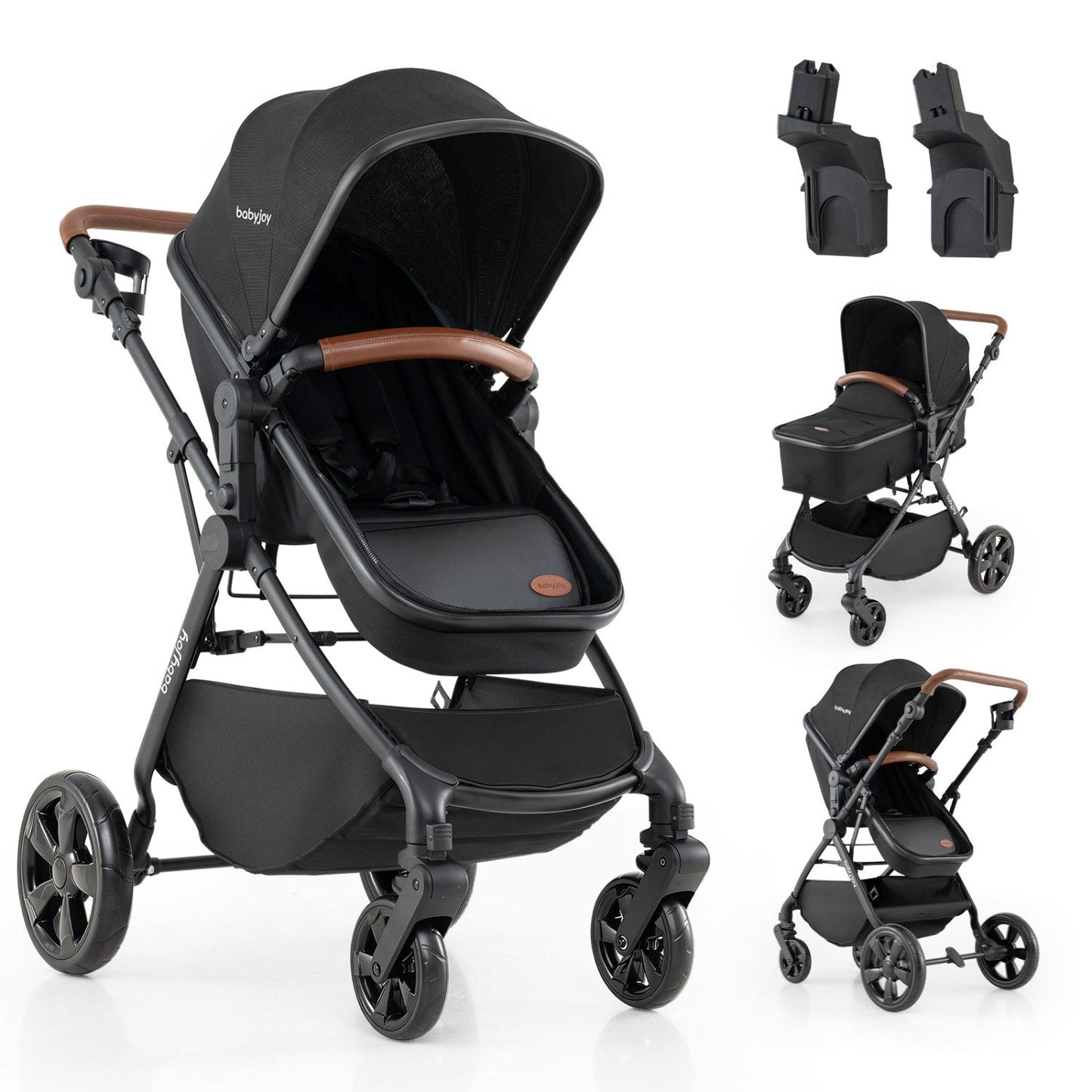 Baby Stroller DirectDeals babyjoy 2-in-1 with car seat adapters, black with brown handle on Tampa Home & Garden Store