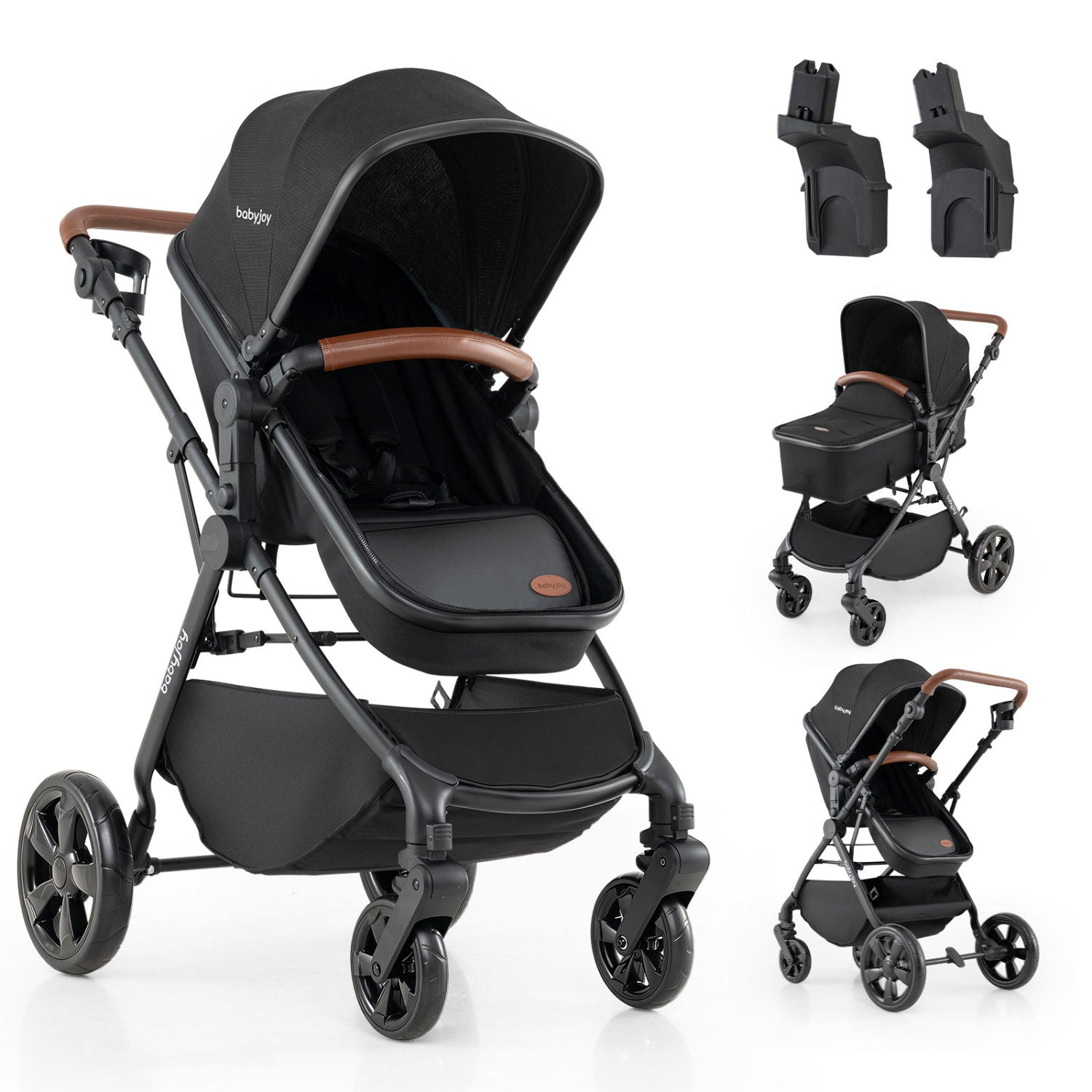 Baby Stroller DirectDeals babyjoy 2-in-1 with car seat adapters, black with brown handle on Tampa Home & Garden Store