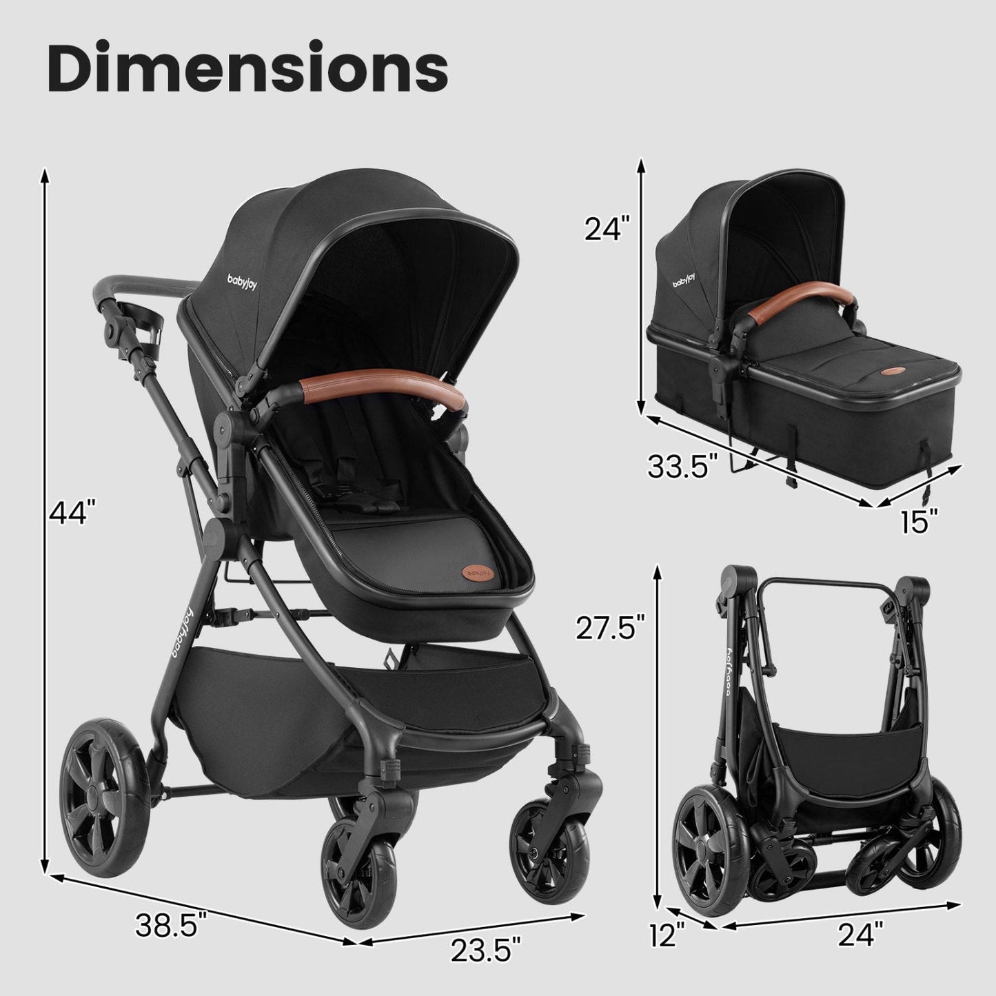 2-in-1 Convertible Baby Stroller with Car Seat Adapters in black with brown faux-leather handle, bassinet and folded-frame views on Tampa Home & Garden Store