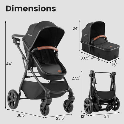 2-in-1 Convertible Baby Stroller with Car Seat Adapters in black with brown faux-leather handle, bassinet and folded-frame views on Tampa Home & Garden Store
