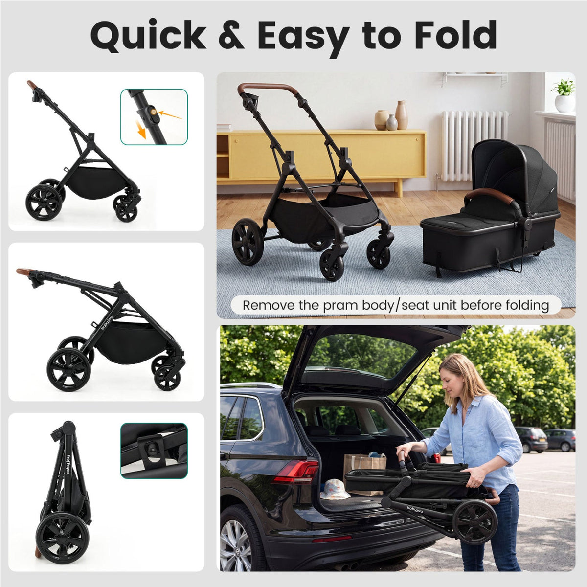 DirectDeals 2-in-1 Convertible Baby Stroller with Car Seat Adapters, black and brown handle on Tampa Home & Garden Store