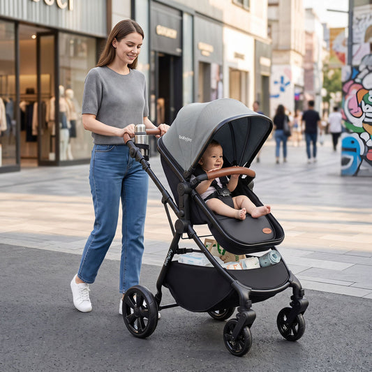 2-in-1 convertible baby stroller with car seat adapters, DirectDeals gray canopy, babyjoy logo on Tampa Home & Garden Store