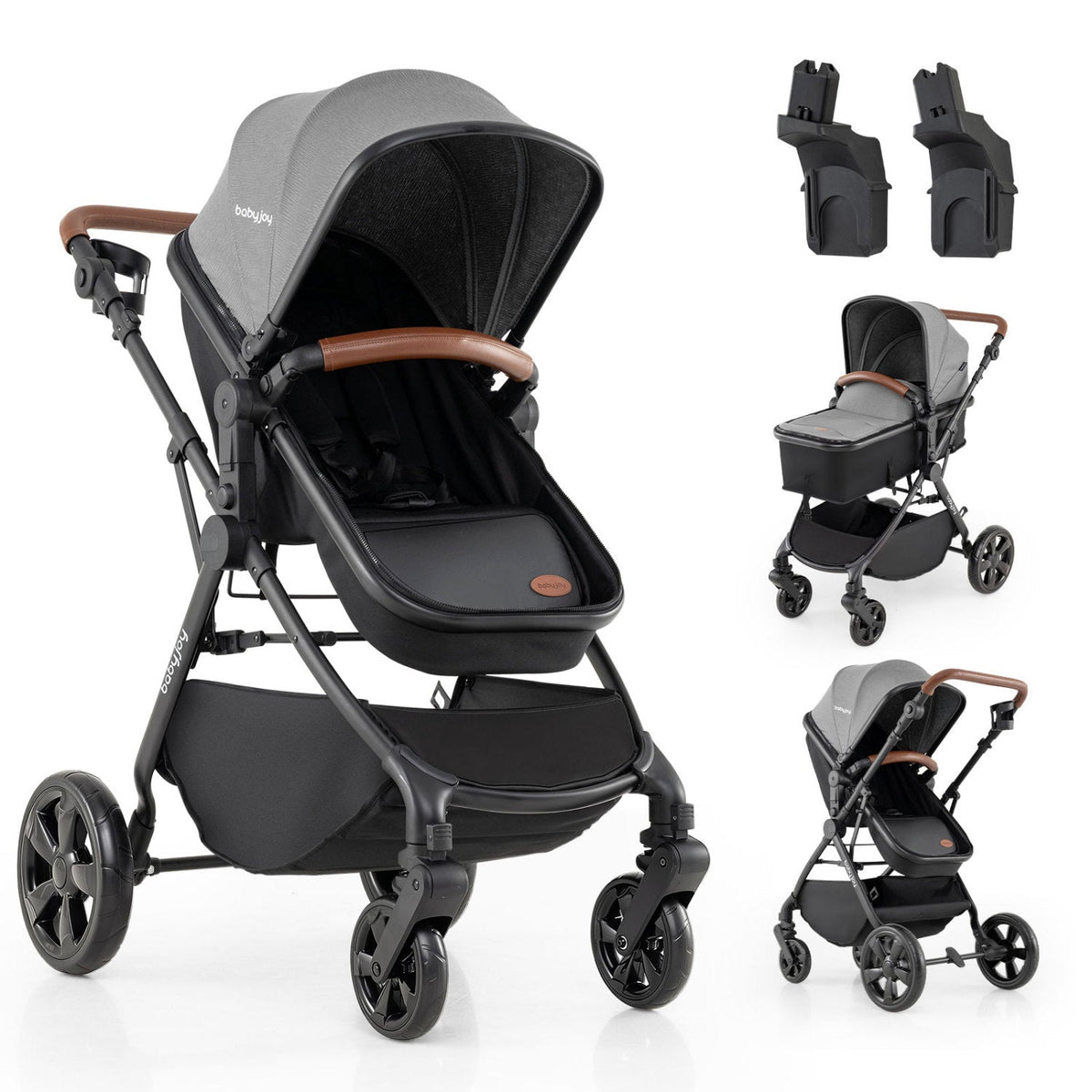 2-in-1 stroller with car seat adapters DirectDeals; gray canopy, black frame, brown handle on Tampa Home & Garden Store