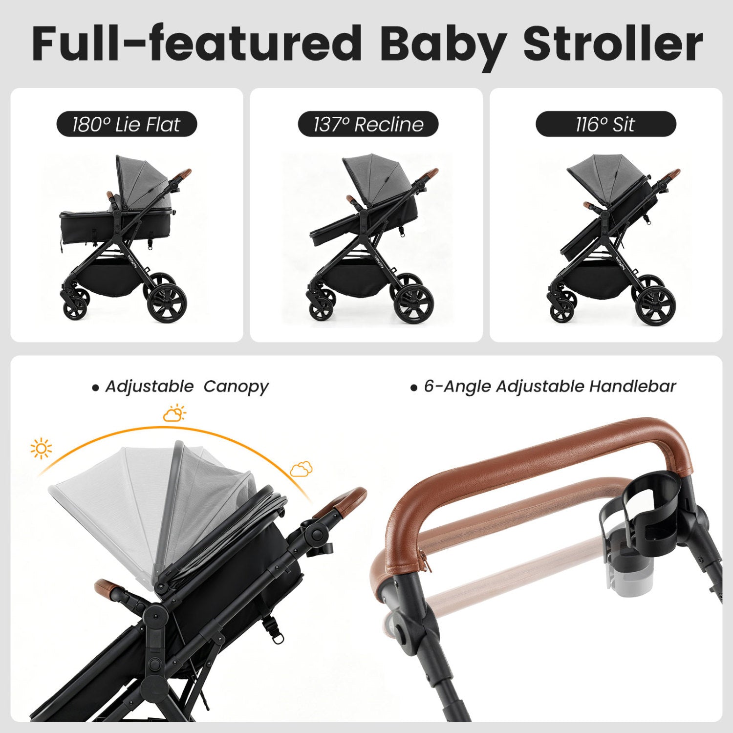 2-in-1 Convertible Baby Stroller with Car Seat Adapters DirectDeals, black frame, brown handle, adjustable canopy on Tampa Home & Garden Store