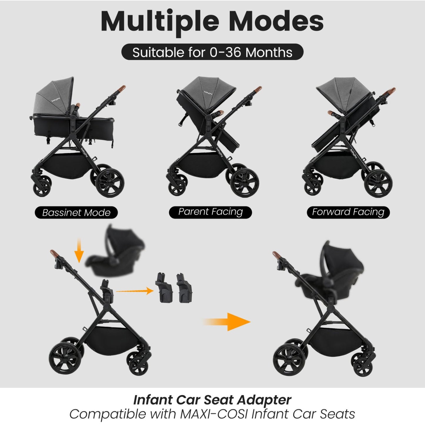 2-in-1 Convertible Baby Stroller with Car Seat Adapters DirectDeals black frame grey canopy modes on Tampa Home & Garden Store