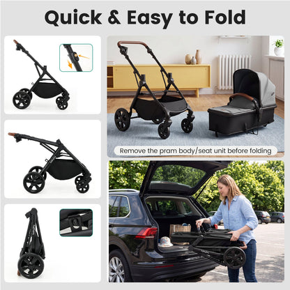 DirectDeals 2-in-1 convertible baby stroller with car seat adapters, black frame, brown handle, includes bassinet on Tampa Home & Garden Store