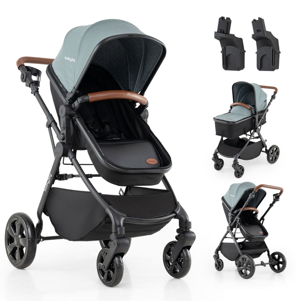 DirectDeals 2-in-1 Baby Stroller with Car Seat Adapters, gray canopy, brown handle, wheels on Tampa Home & Garden Store