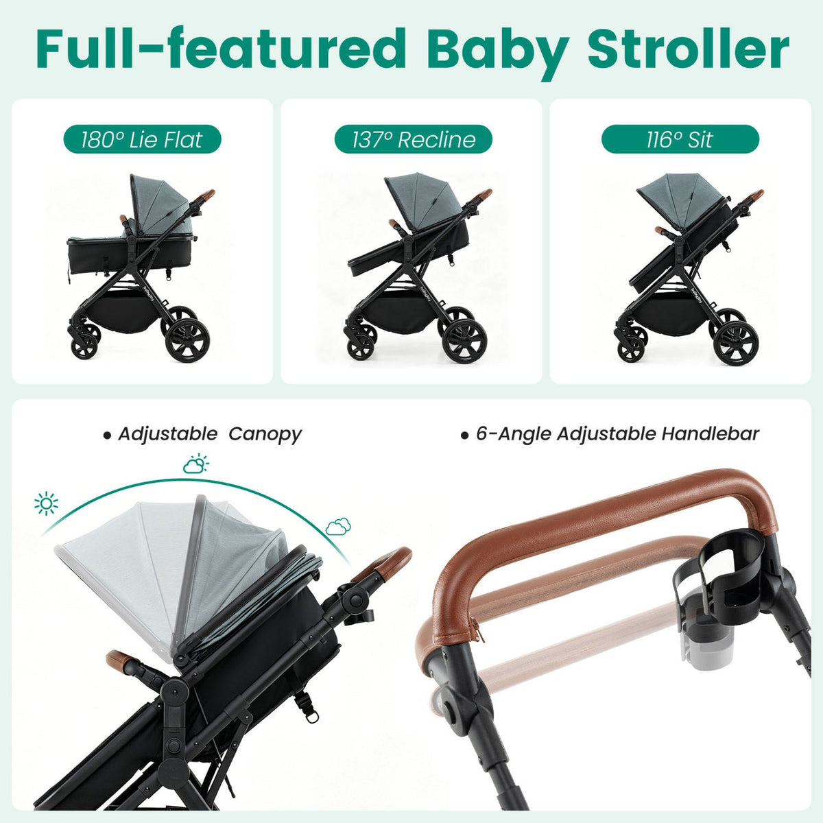 2-in-1 Convertible Baby Stroller with Car Seat Adapters, DirectDeals, black with brown handle on Tampa Home & Garden Store