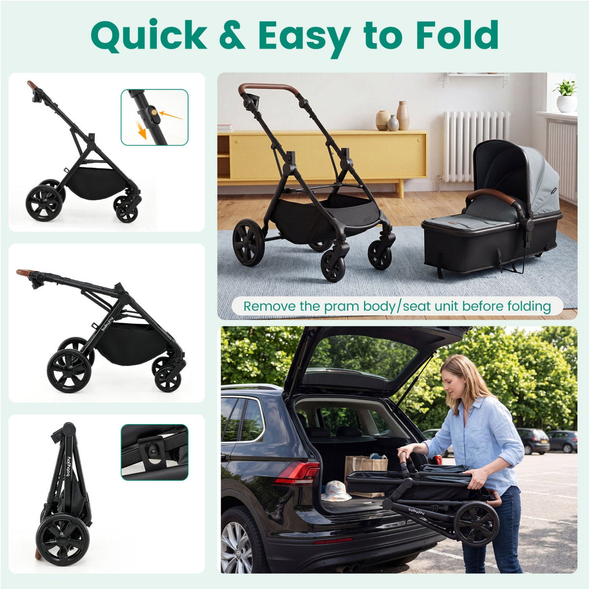 2-in-1 Baby Stroller with Car Seat Adapters DirectDeals black frame brown handle bassinet on Tampa Home & Garden Store