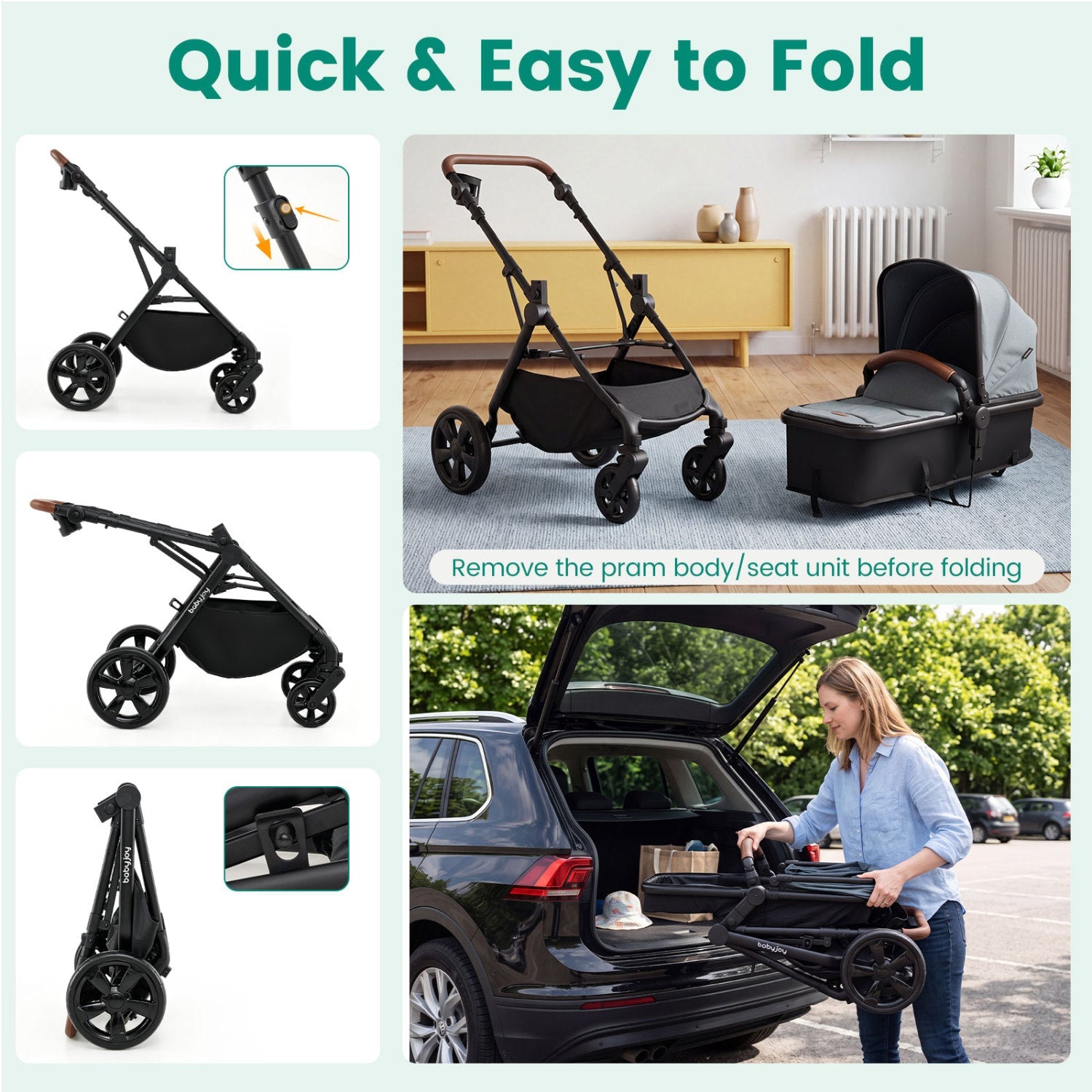 2-in-1 Baby Stroller with Car Seat Adapters DirectDeals black frame brown handle bassinet on Tampa Home & Garden Store