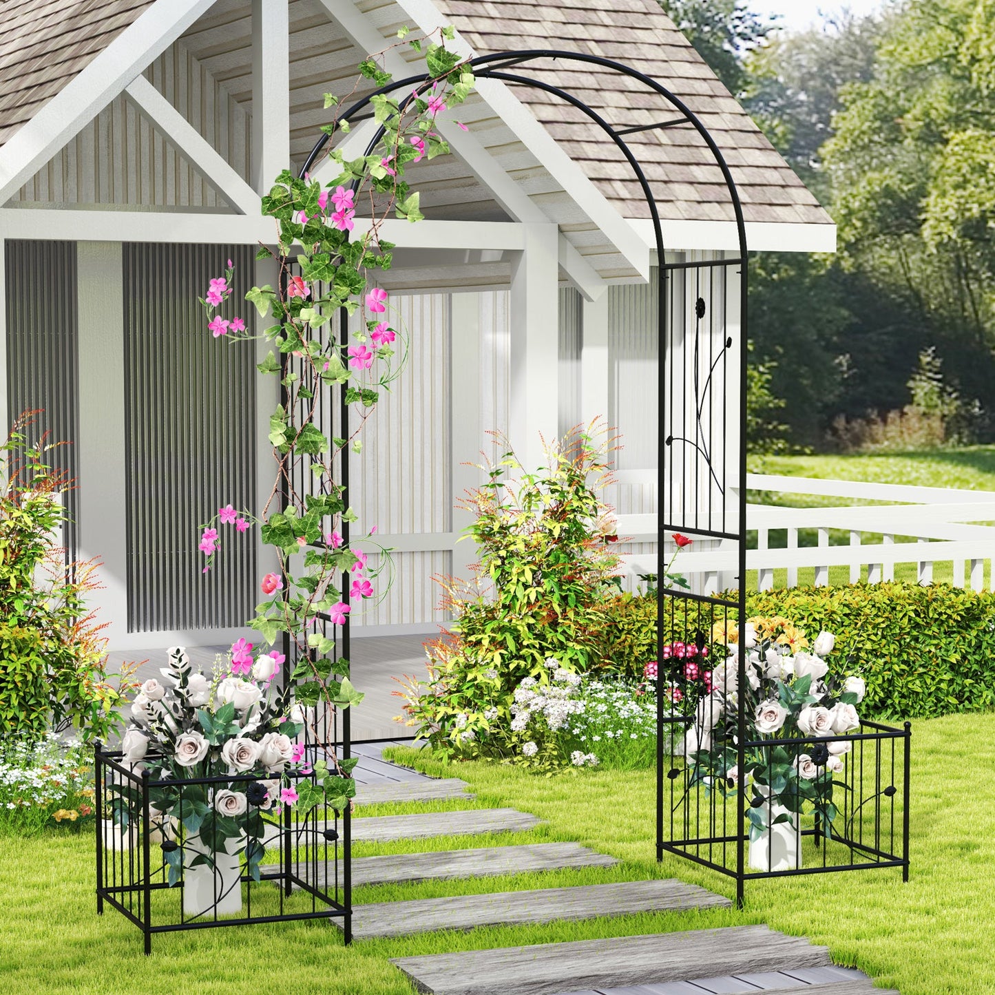 Pérgola de jardín 2 en 1 con 2 jardineras laterales y 8 estacas para suelo - Negro