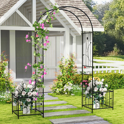Pérgola de jardín 2 en 1 con 2 jardineras laterales y 8 estacas para suelo - Negro