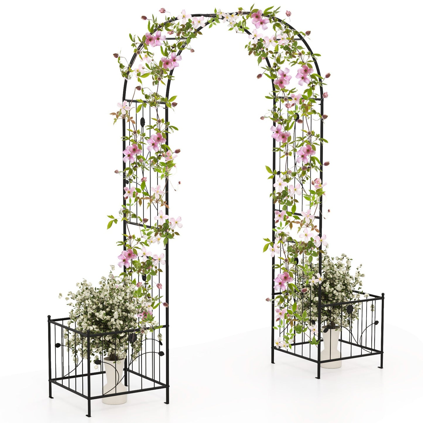 Pérgola de jardín 2 en 1 con 2 jardineras laterales y 8 estacas para suelo - Negro