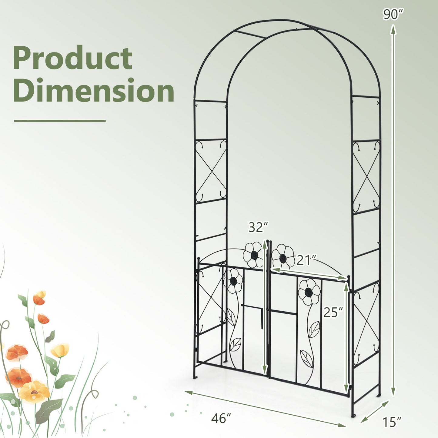 2 in 1 Garden Arbor with Door and Latch for Outdoor Lawn-Black