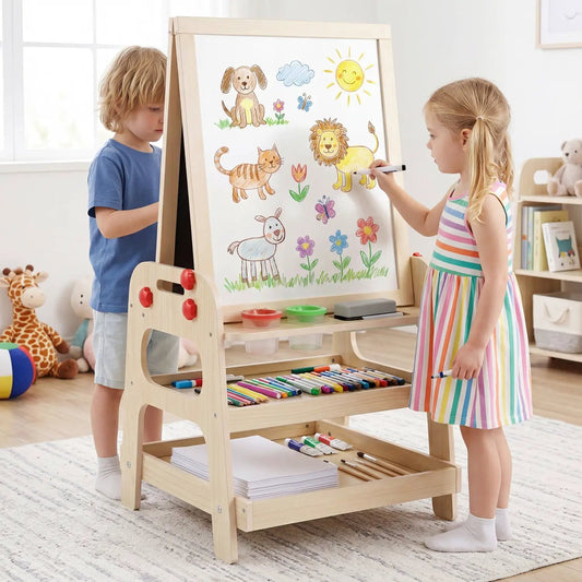 2-in-1 Kids Art Easel with Magnetic Whiteboard & Marble Run, wooden easel with storage shelf on Tampa Home & Garden Store