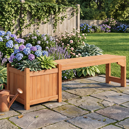 Outdoor garden bench with raised planter box in natural fir wood with blooming hydrangeas on Tampa Home & Garden Store