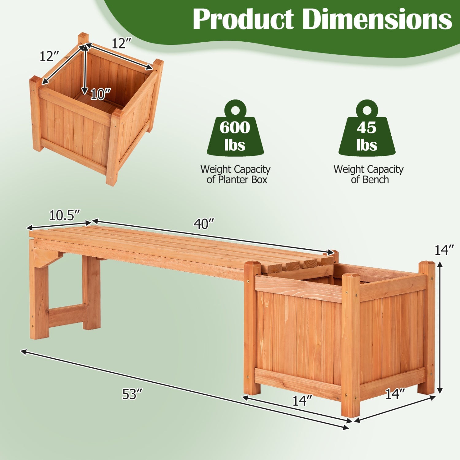 Outdoor Garden Bench with Raised Planter Box by DirectDeals, fir wood, 53in long on Tampa Home & Garden Store