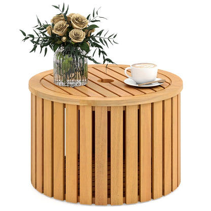 2-in-1 Outdoor Side Table with Storage Acacia Wood Slatted Coffee Table Square and Round Slatted End Storage Box