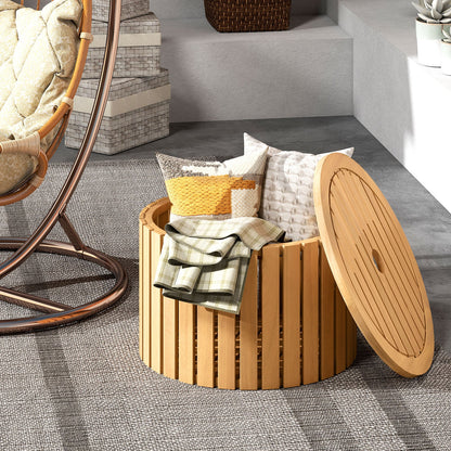 2-in-1 Outdoor Side Table with Storage Acacia Wood Slatted Coffee Table Square and Round Slatted End Storage Box