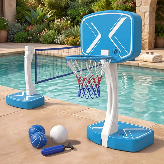 2-in-1 Pool Basketball Hoop & Volleyball Net with Weighted Base DirectDeals blue pool game set on Tampa Home & Garden Store