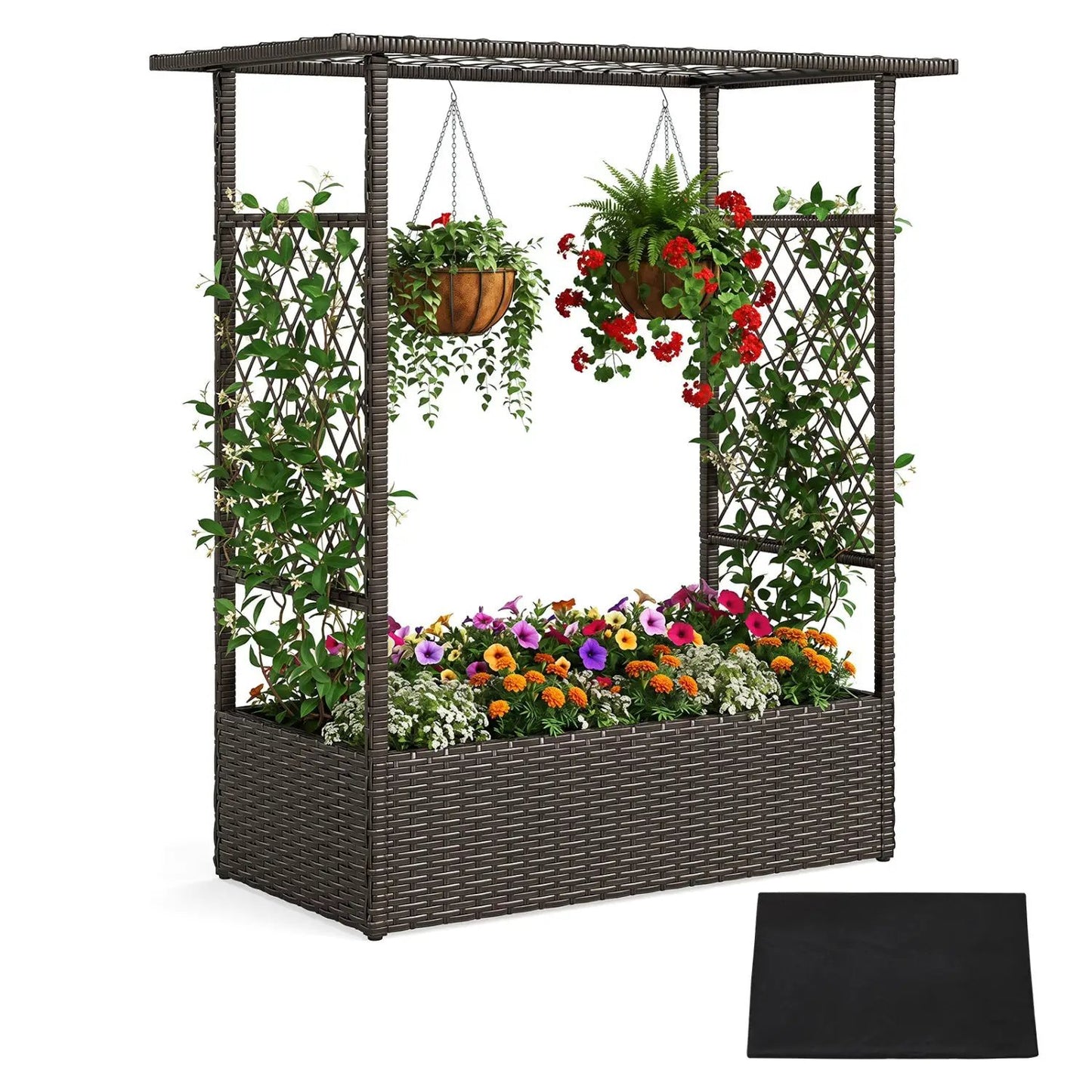 Raised Garden Bed with Hanging Roof and Trellises