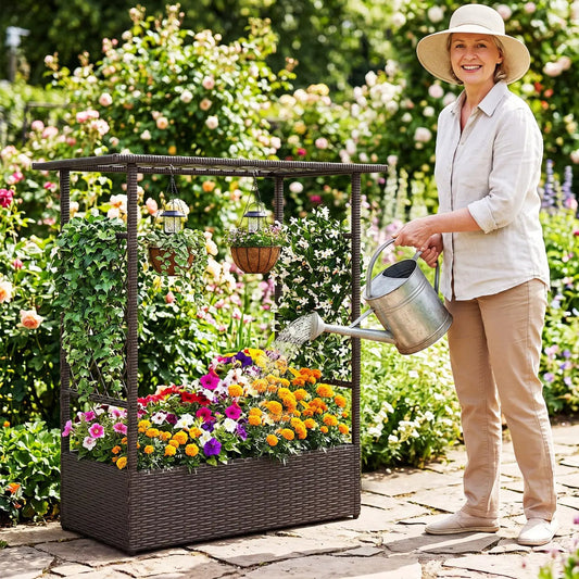 Raised Garden Bed with Trellises in dark wicker DirectDeals; gardener watering on Tampa Home & Garden Store