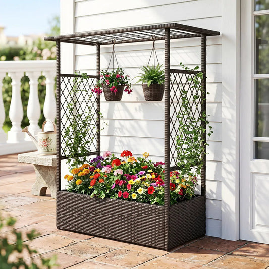 Raised Garden Bed with Hanging Roof & Trellises DirectDeals, dark brown wicker two baskets on Tampa Home & Garden Store