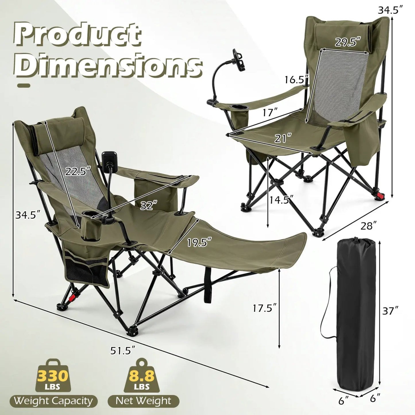 Reclining Camping Chair with Adjustable Backrest