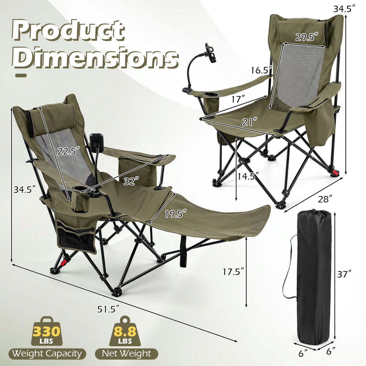 GemGear reclining camping chair with adjustable backrest and footrest, olive green folding chair on Tampa Home & Garden Store