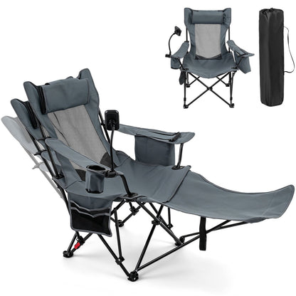Reclining camping chair GemGear with adjustable backrest and footrest, gray folding chair on Tampa Home & Garden Store