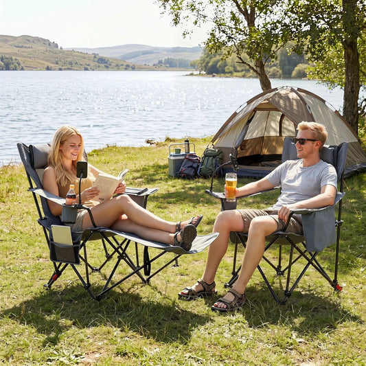 DirectDeals two gray reclining camping chairs with adjustable backs and footrests by a lakeside on Tampa Home & Garden Store