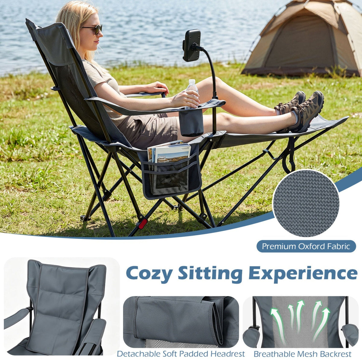 GemGear reclining camping chair with adjustable backrest & footrest in gray Oxford fabric on Tampa Home & Garden Store