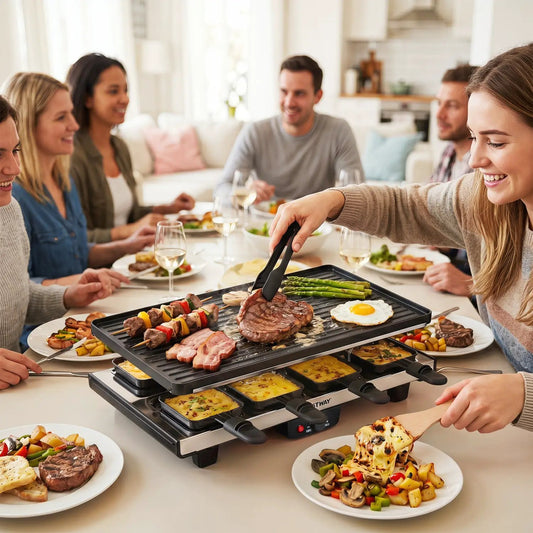 DirectDeals Raclette Grill with reversible nonstick griddle, black unit grilling steak on Tampa Home & Garden Store