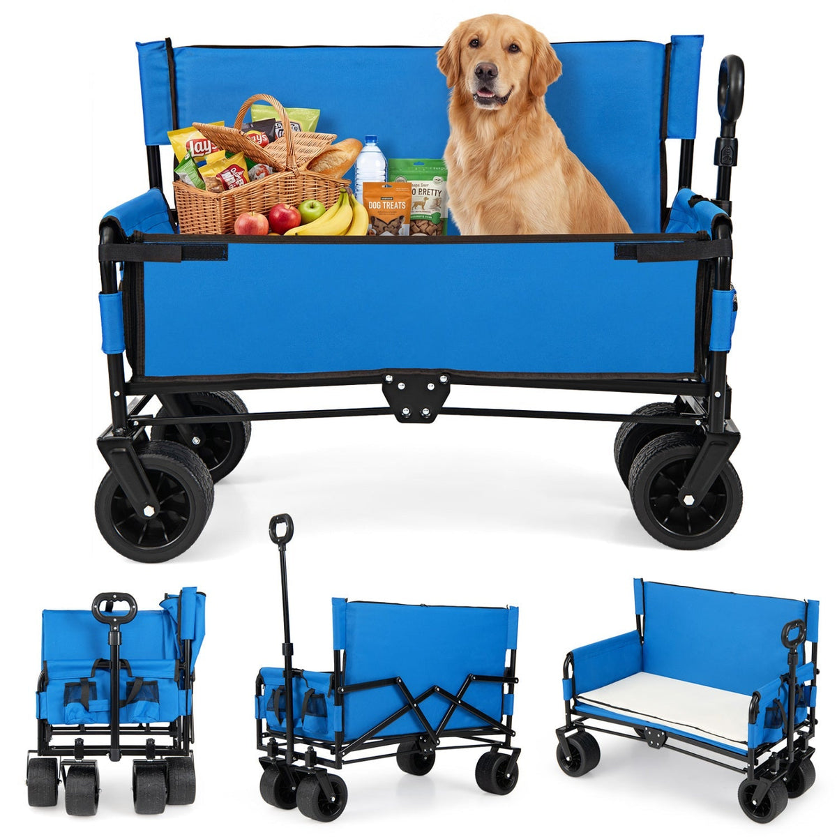 GemGear 2-in-1 collapsible camping wagon with adjustable handle, blue fabric, groceries and dog on Tampa Home & Garden Store