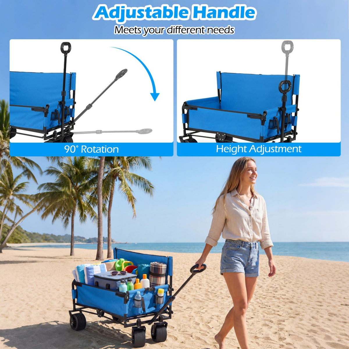 GemGear 2-in-1 Collapsible Camping Wagon Bench Seat, blue fabric, metal frame, adjustable handle on Tampa Home & Garden Store